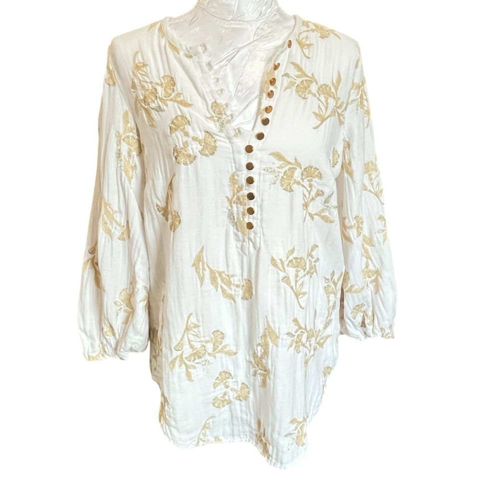 Anthropologie Floreat Size S Atley Gold Embroidered Tunic 3/4 Sleeve Gold Button